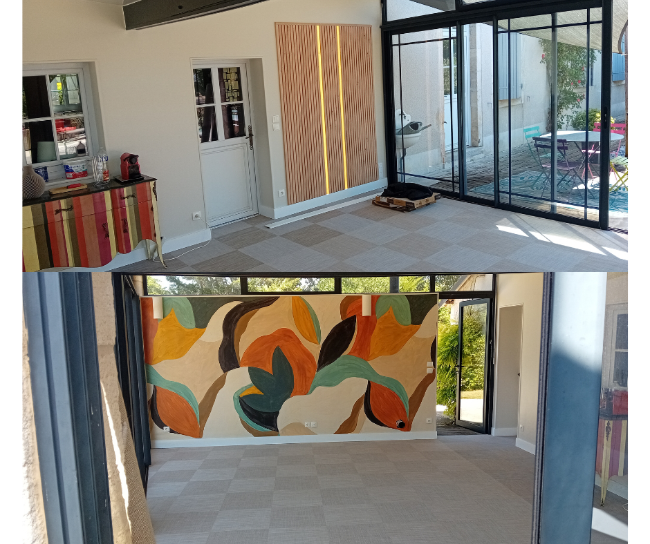 Rénovation sol et murs dans ce salon d'été ! panoramique sur mesure, mise en peinture, panneau tasseaux décoratif et sol vinyle tissé !